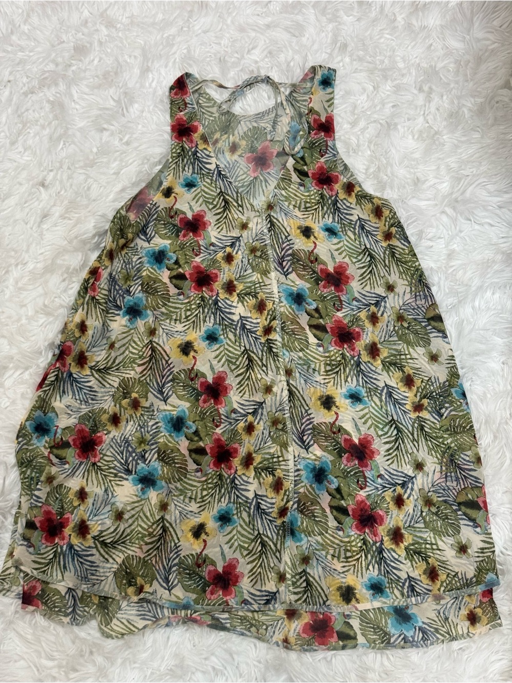 Tropical Floral Sheer Swing Dress / Beach Cover-Up S
